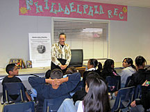 Photo: Youth for Human Rights International President, Mary Shuttleworth, holding a workshop for young people on Martin Luther King Jr. Day of Service.